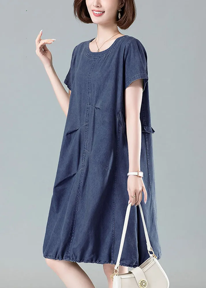 Ruffled Drawstring Denim Summer Dress in Navy for Women