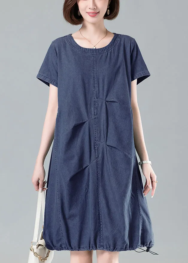 Ruffled Drawstring Denim Summer Dress in Navy for Women