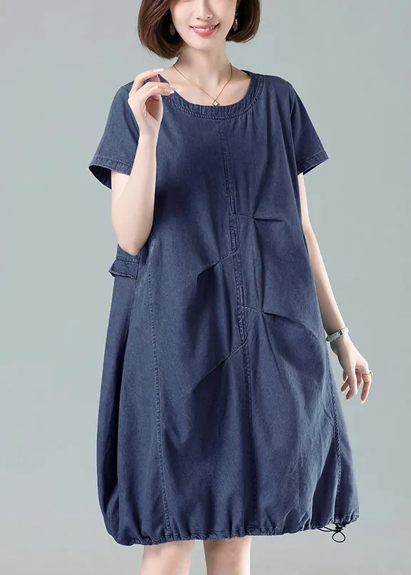 Ruffled Drawstring Denim Summer Dress in Navy for Women