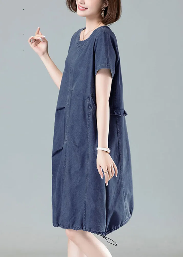 Ruffled Drawstring Denim Summer Dress in Navy for Women