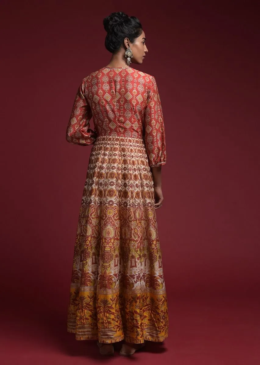 Rust Red Anarkali Dress In Silk With Multi Color Floral And Ethnic Print And Balloon Sleeves Online - Kalki Fashion
