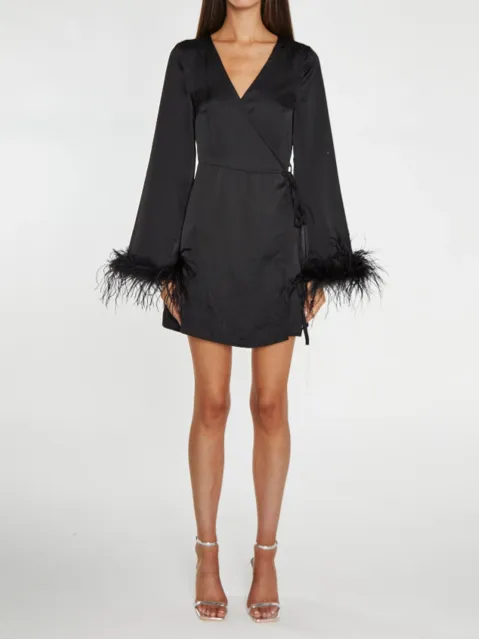 Satin Feather Trim Wrap Mini Dress by GLAMOROUS