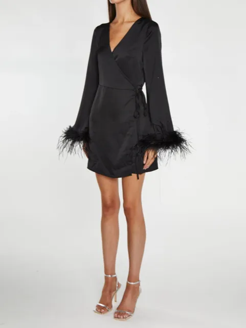 Satin Feather Trim Wrap Mini Dress by GLAMOROUS