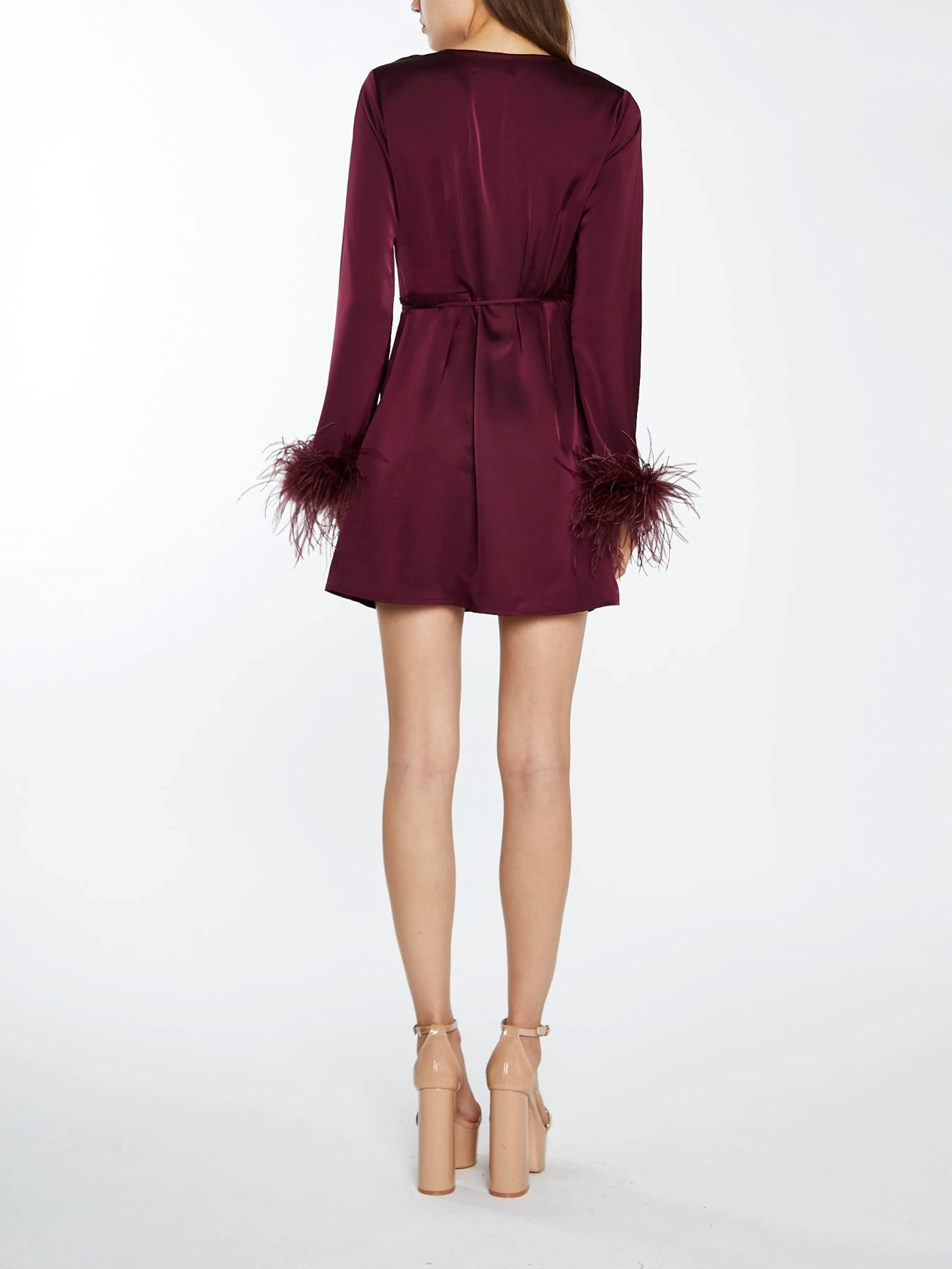 Satin Feather Trim Wrap Mini Dress by GLAMOROUS