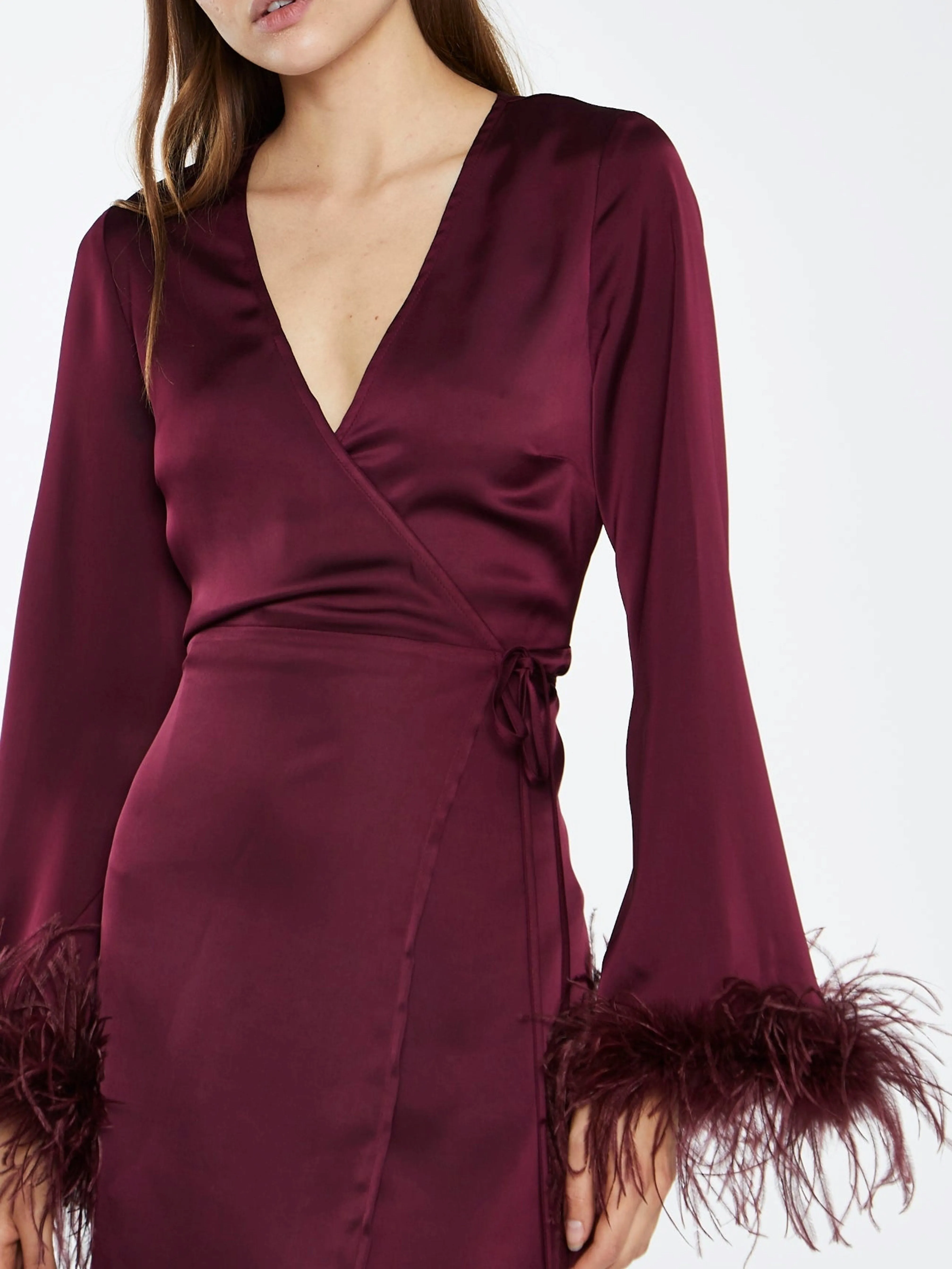 Satin Feather Trim Wrap Mini Dress by GLAMOROUS