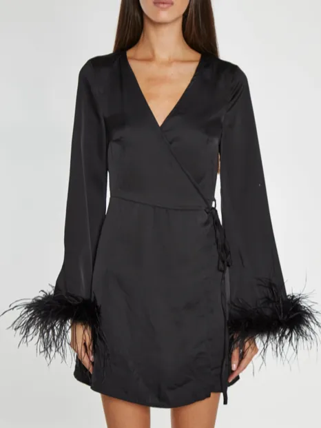 Satin Feather Trim Wrap Mini Dress by GLAMOROUS