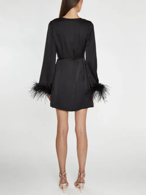 Satin Feather Trim Wrap Mini Dress by GLAMOROUS