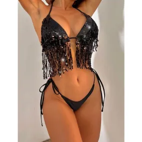 Solid Glitter Fringed Micro String Bikini Set - Sexy Women's