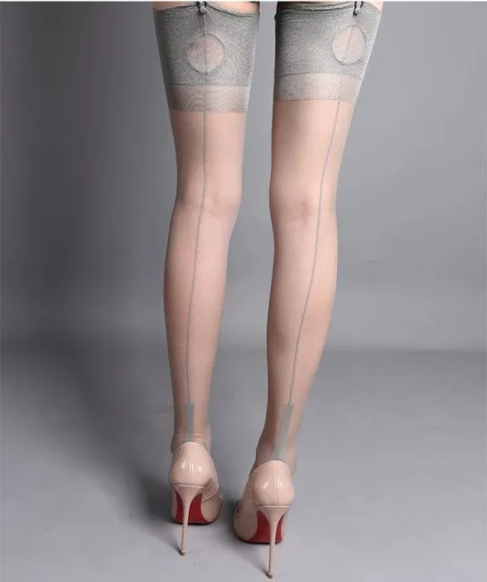 Cuban Heel Thigh High Stockings with Eye Design Back Seam