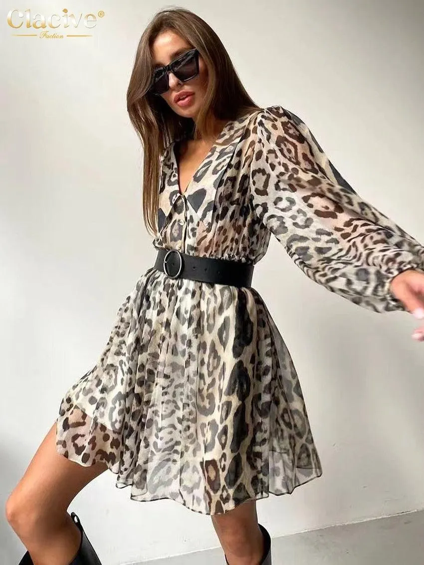 Sexy Leopard Print Deep V-Neck Ruffle Dress with Long Flare Sleeves