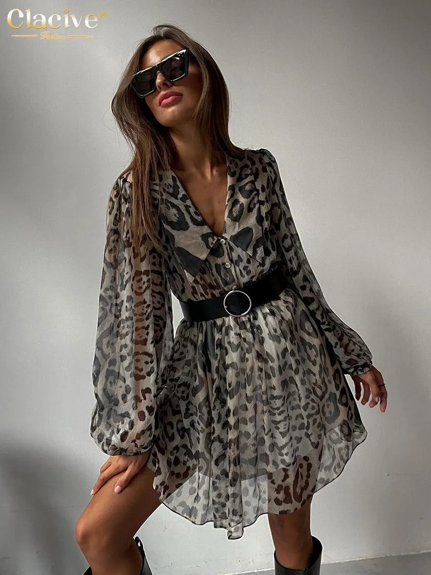 Sexy Leopard Print Deep V-Neck Ruffle Dress with Long Flare Sleeves