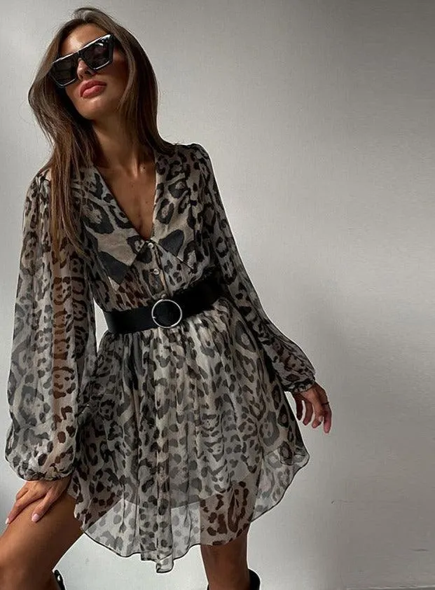 Sexy Leopard Print Deep V-Neck Ruffle Dress with Long Flare Sleeves