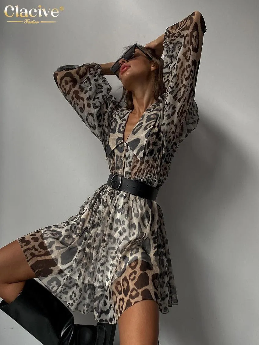 Sexy Leopard Print Deep V-Neck Ruffle Dress with Long Flare Sleeves