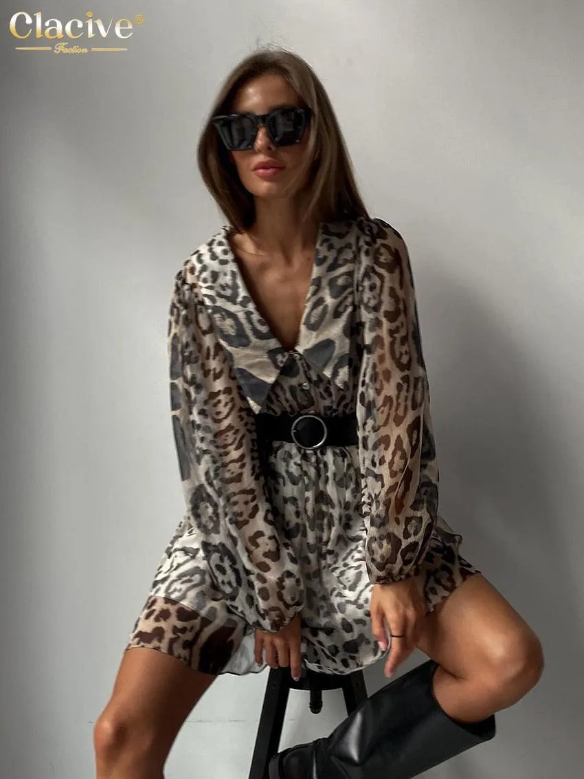 Sexy Leopard Print Deep V-Neck Ruffle Dress with Long Flare Sleeves