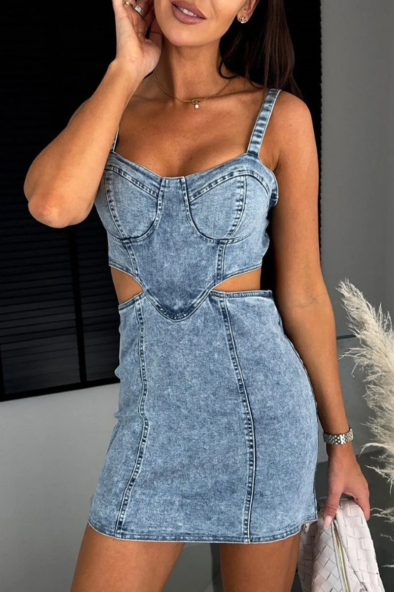 Sexy Sleeveless Denim Dresses with Hollow Design