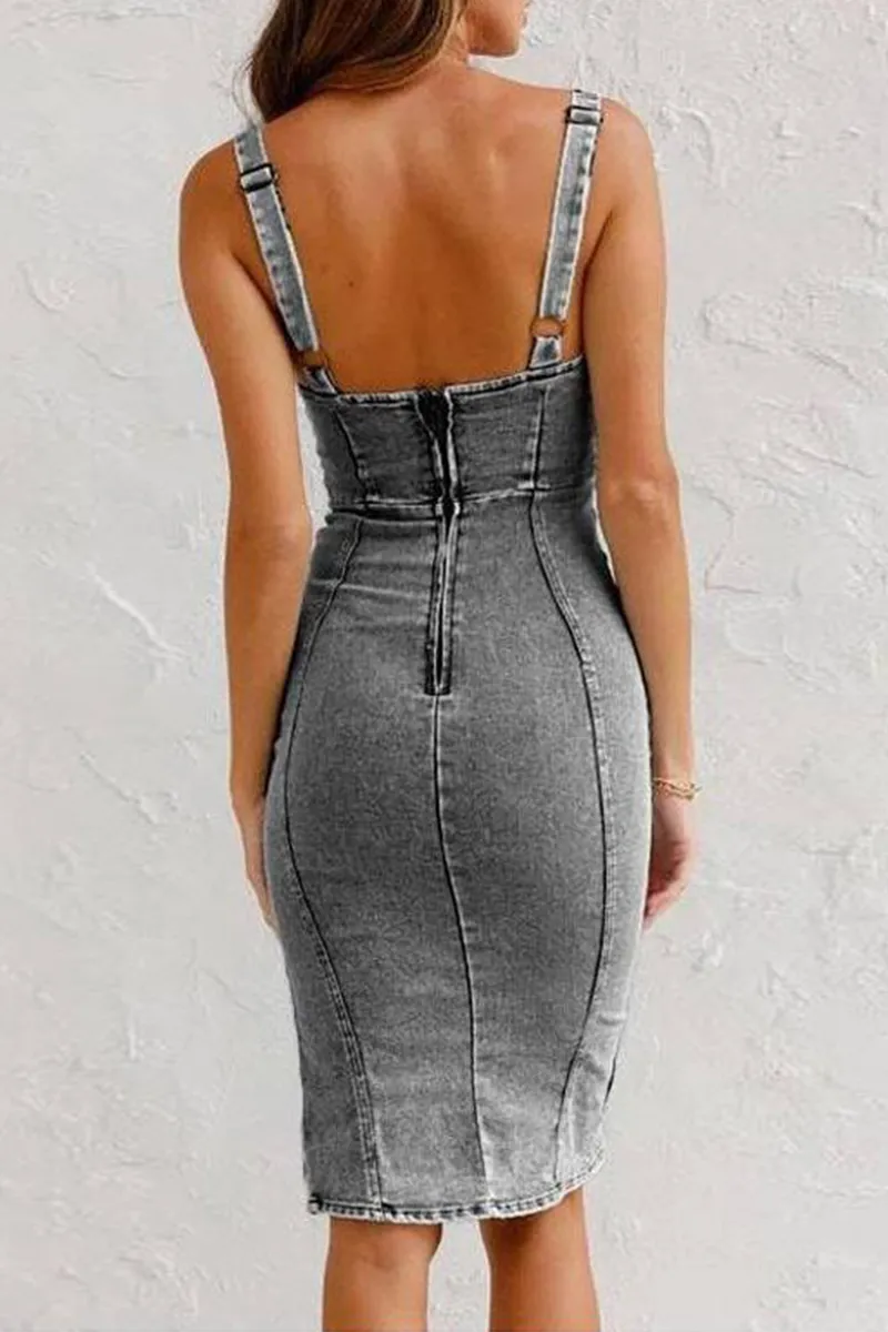 Solid Distressed Zipper Neck Skinny Denim Dresses