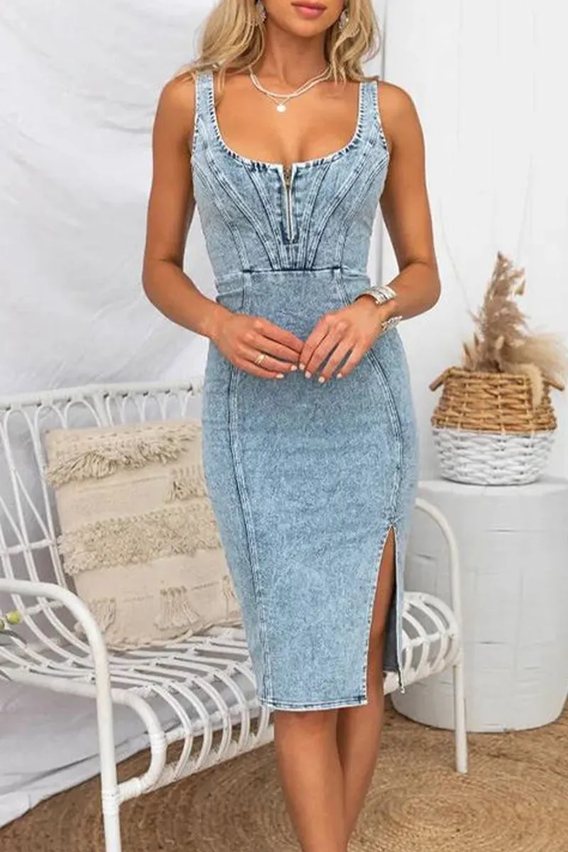 Solid U Neck Sleeveless Denim Dresses