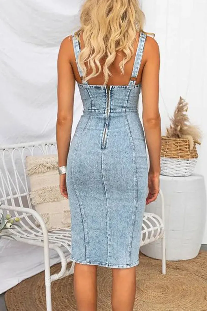 Solid U Neck Sleeveless Denim Dresses