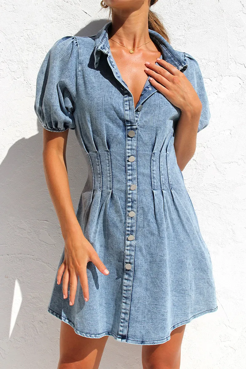 Short Sleeve Denim Dress with Elegant Zipper and Turndown Collar