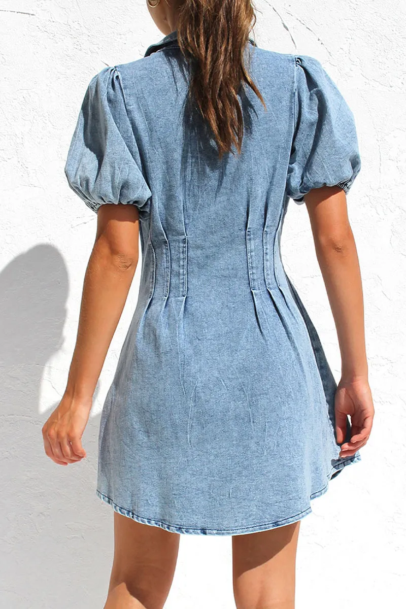 Short Sleeve Denim Dress with Elegant Zipper and Turndown Collar