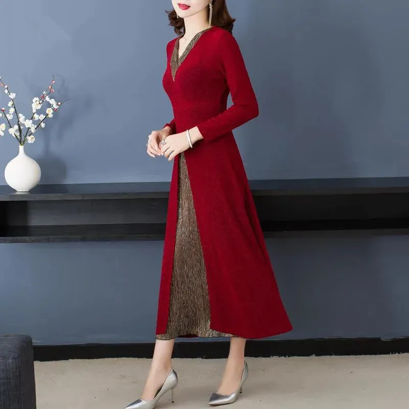 Silk V Neck Midi Dress with Long Sleeves