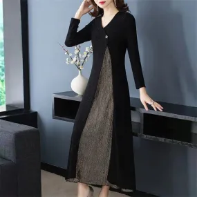 Silk V Neck Midi Dress with Long Sleeves