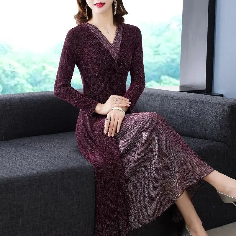 Silk V Neck Midi Dress with Long Sleeves