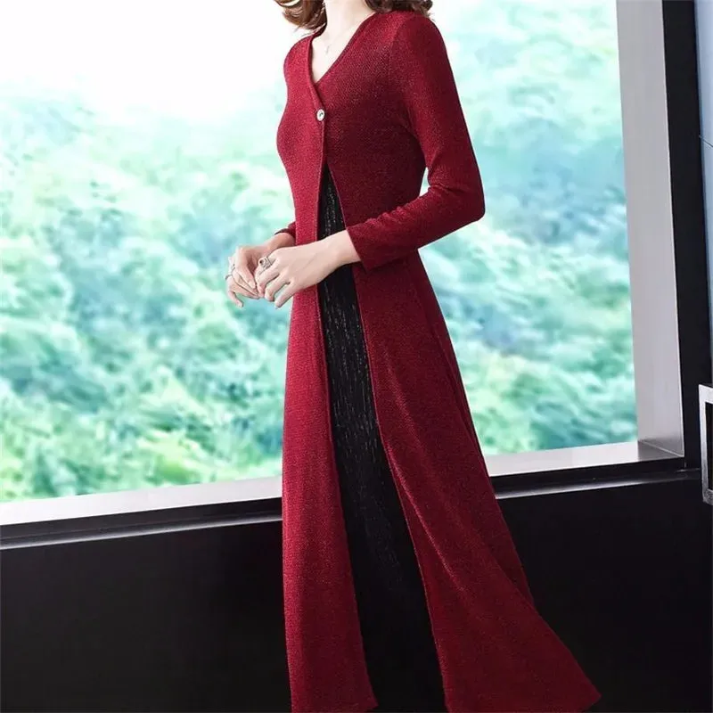 Silk V Neck Midi Dress with Long Sleeves