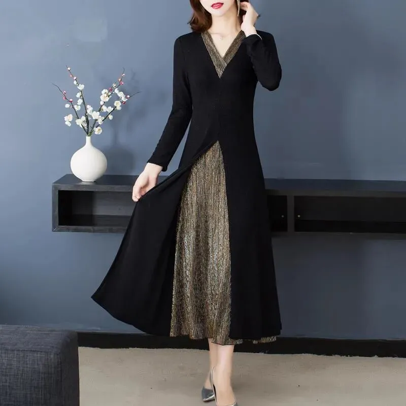 Silk V Neck Midi Dress with Long Sleeves