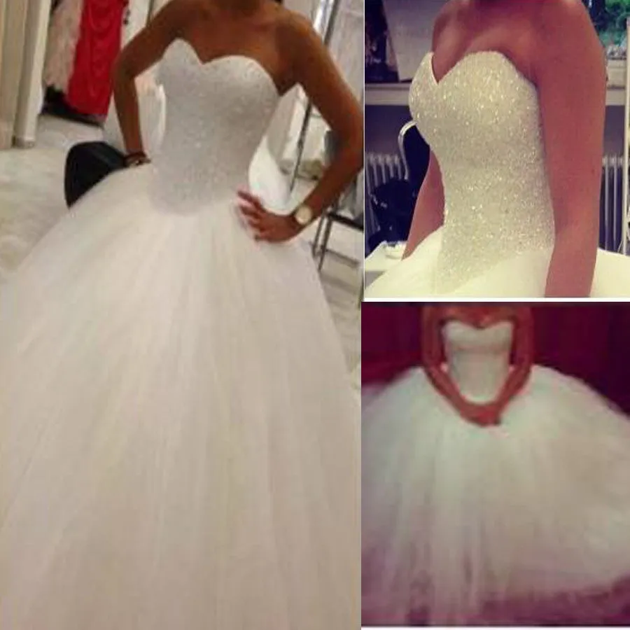 Sweetheart Strapless White Beaded Ball Gown Wedding Party Dress