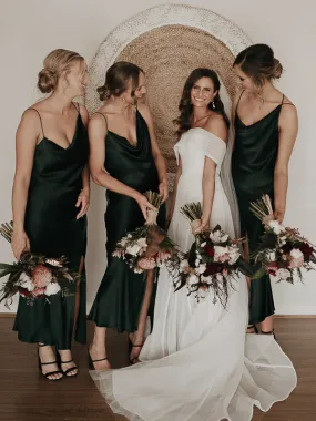 Long Spaghetti Strap Bridesmaid Dresses with Simple V-neck Design