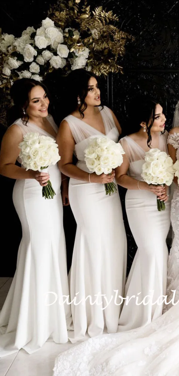 White Long Bridesmaid Dress with Sweetheart Neckline and Tulle Mermaid Skirt