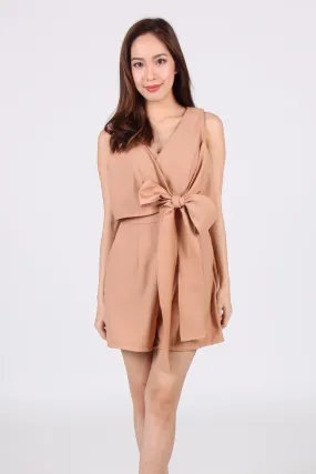 Beige Sleeveless Romper with Front Tie