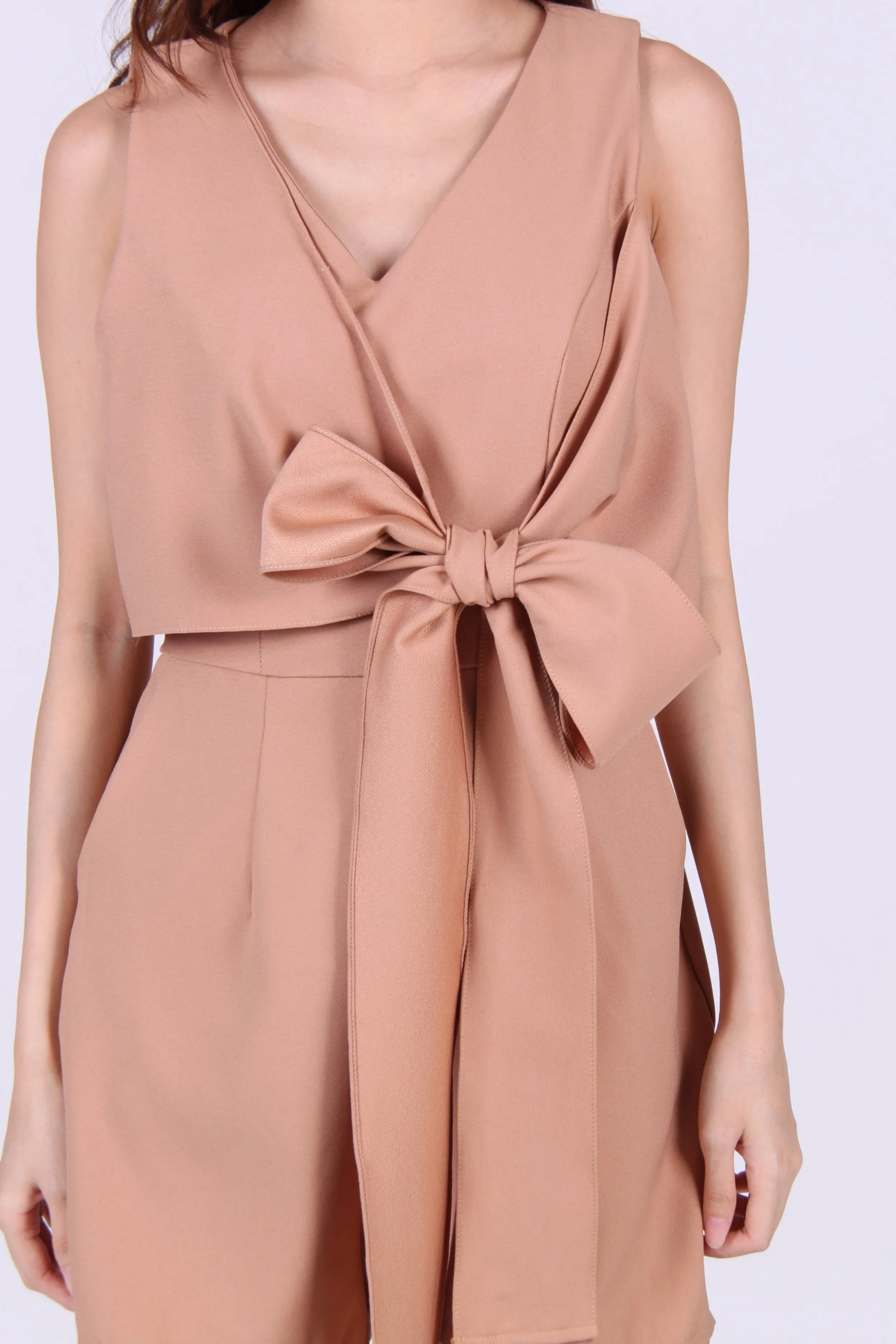 Beige Sleeveless Romper with Front Tie