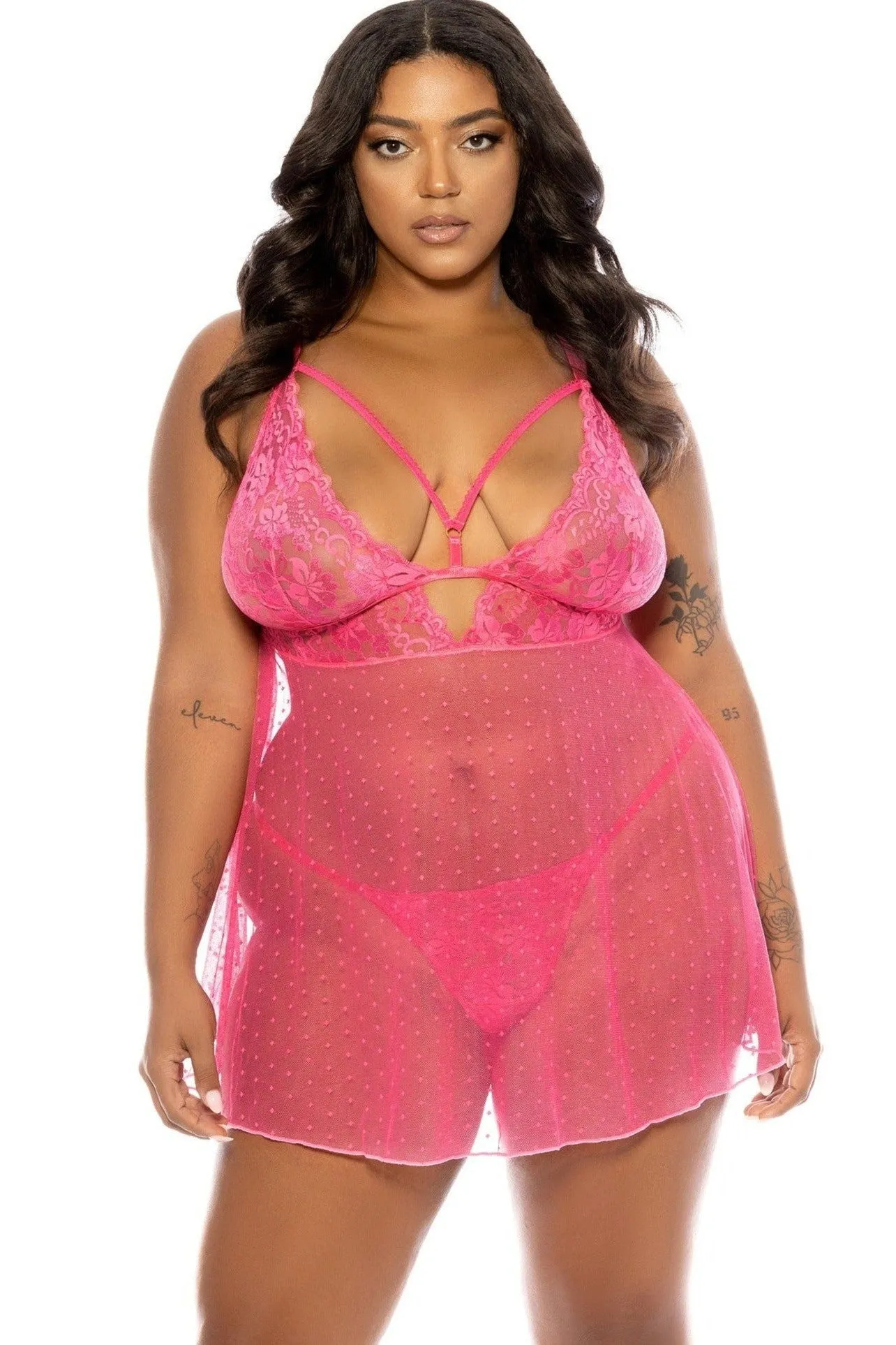 Pink Plus Size Lace Babydoll with Matching Panty