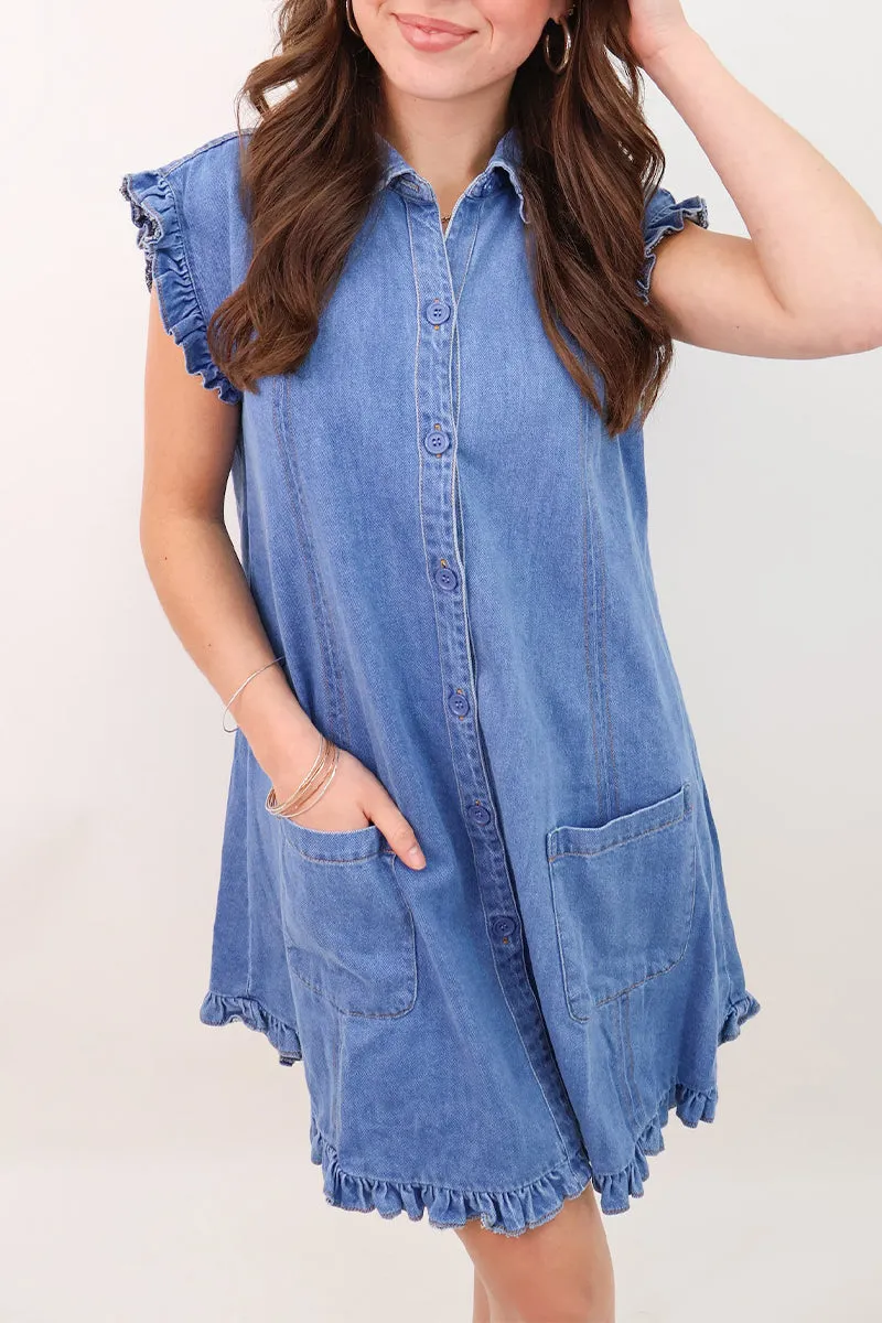 Solid Color Distressed Pocket Ruffle Collar Denim Dress