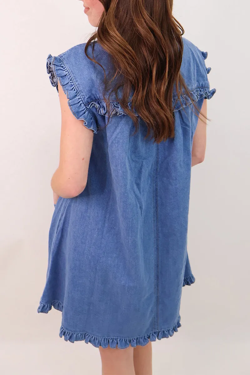 Solid Color Distressed Pocket Ruffle Collar Denim Dress