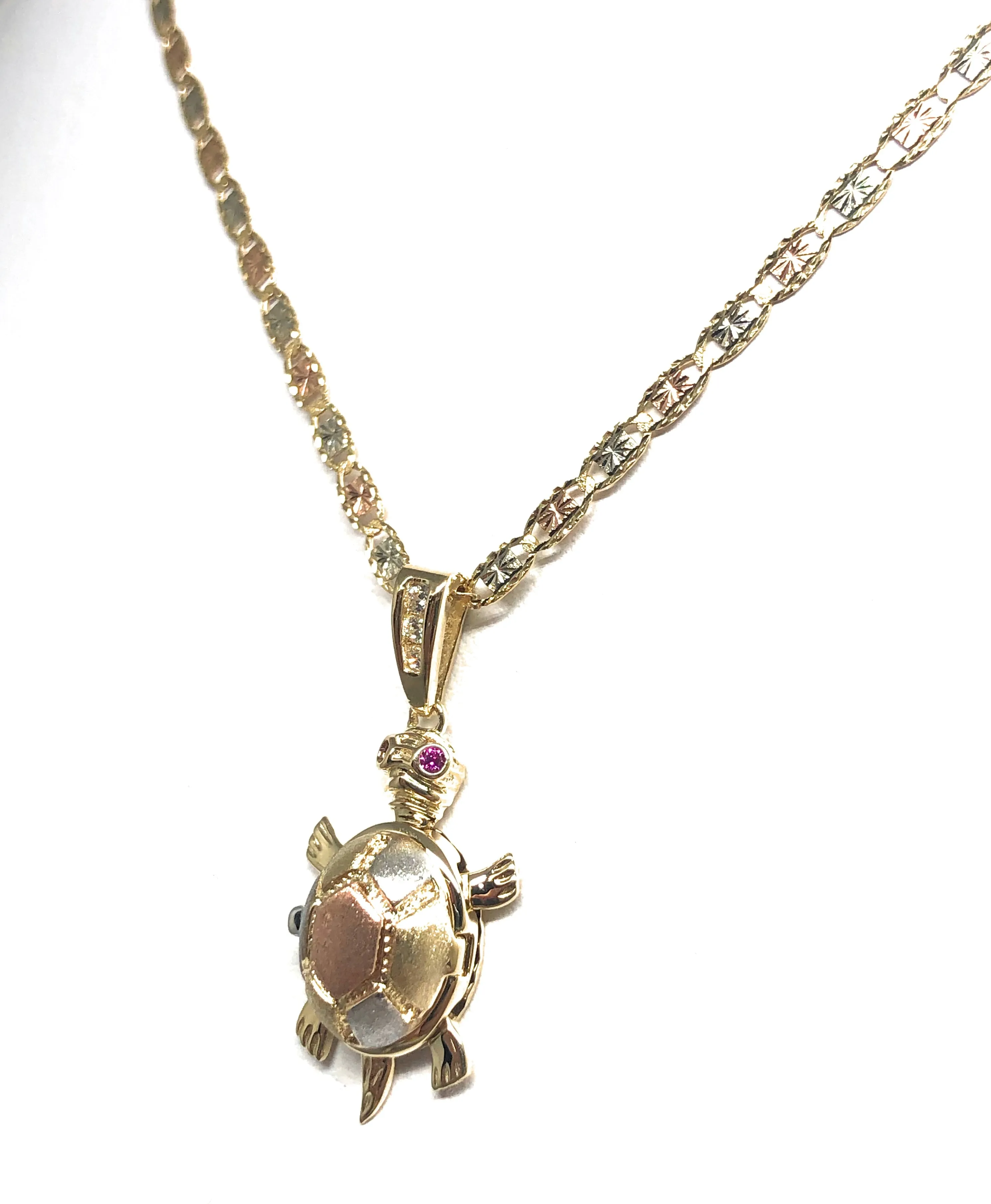 10k Solid Gold Tri-Color Turtle Virrgin Mary Pendant Necklace with Shell