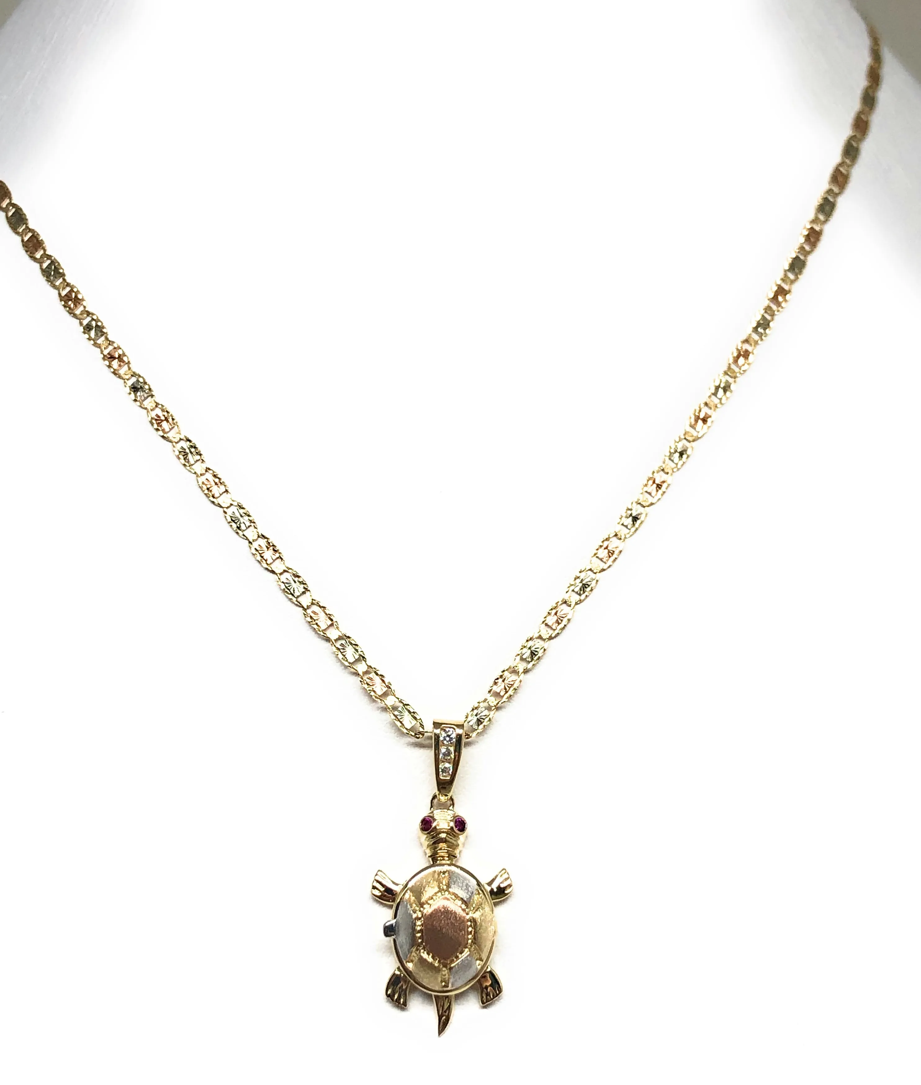 10k Solid Gold Tri-Color Turtle Virrgin Mary Pendant Necklace with Shell