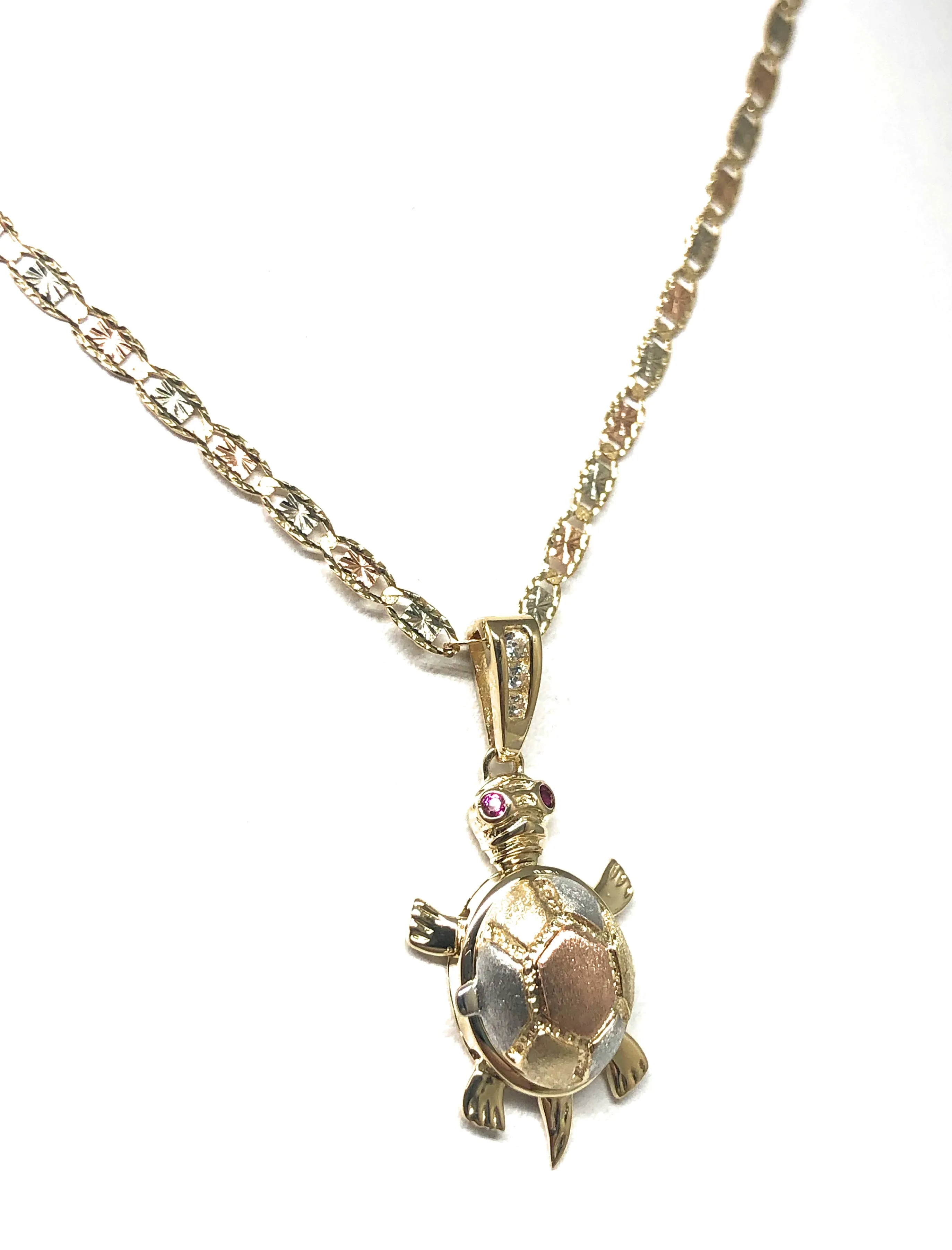 10k Solid Gold Tri-Color Turtle Virrgin Mary Pendant Necklace with Shell