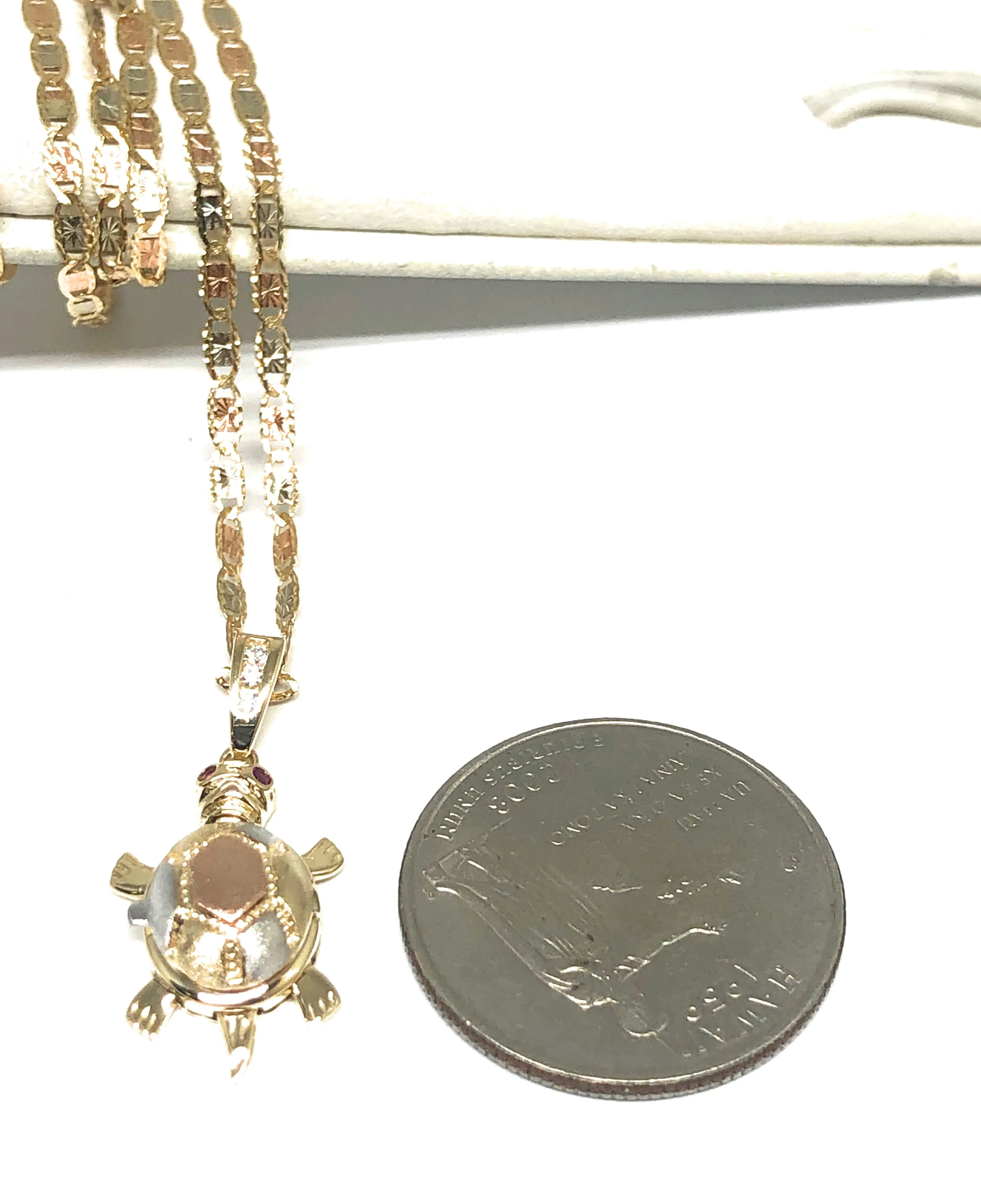 10k Solid Gold Tri-Color Turtle Virrgin Mary Pendant Necklace with Shell