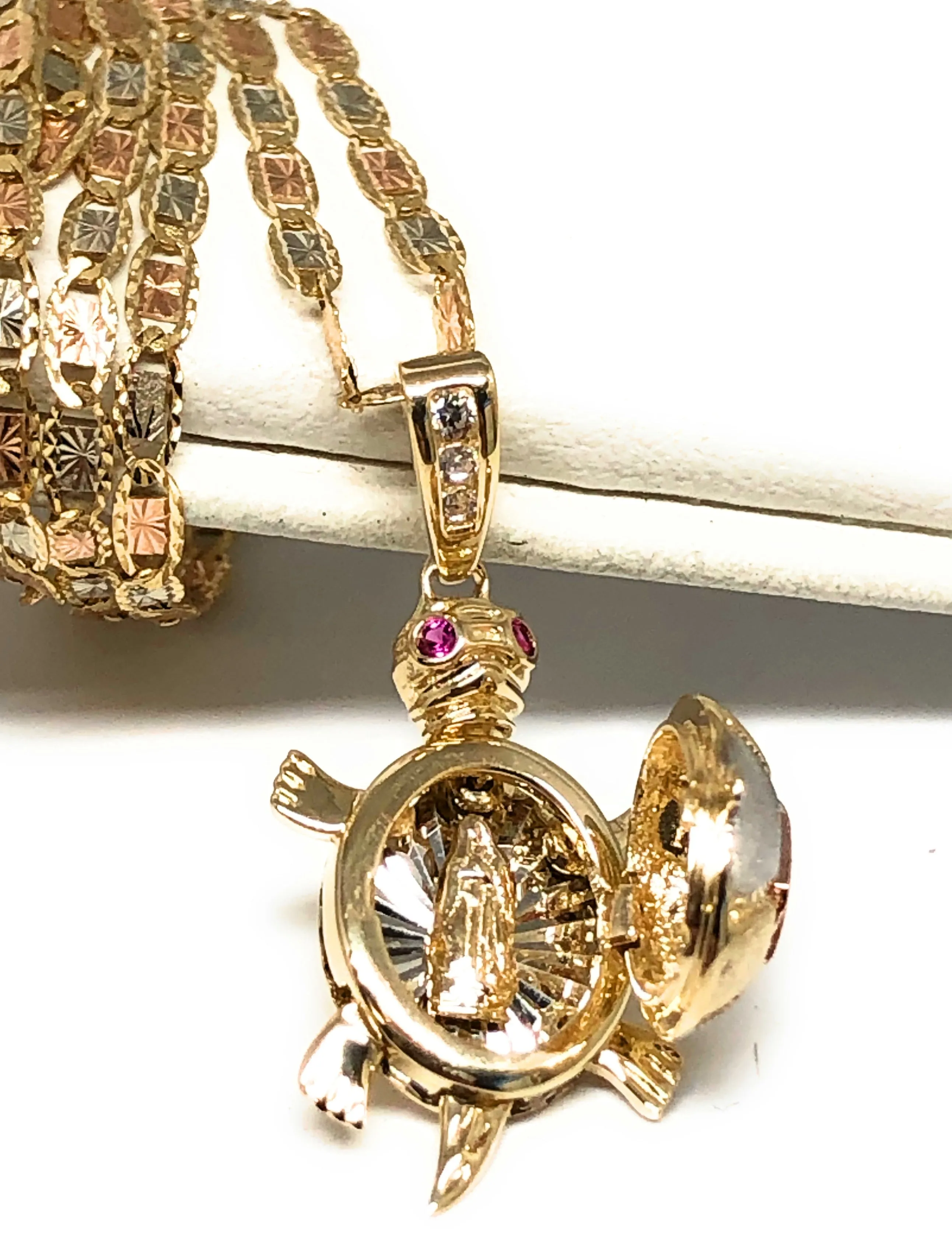 10k Solid Gold Tri-Color Turtle Virrgin Mary Pendant Necklace with Shell