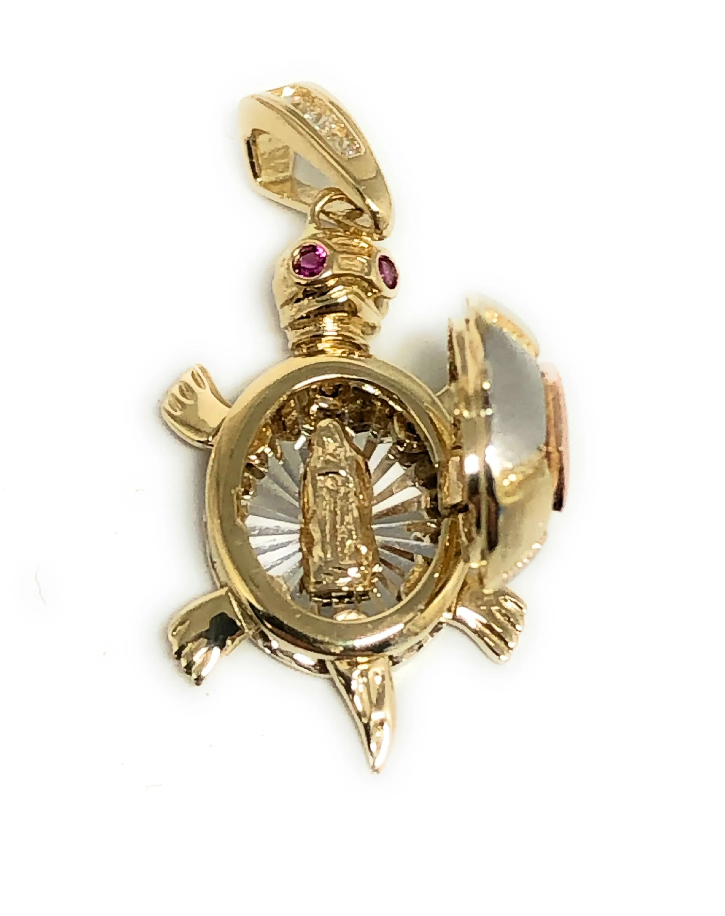 10k Solid Gold Tri-Color Turtle Virrgin Mary Pendant Necklace with Shell