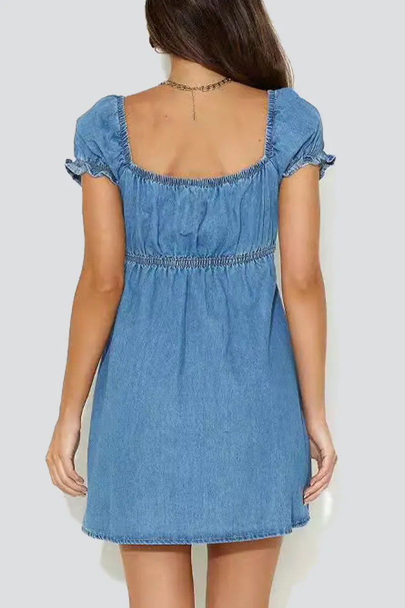 Solid Hollowed Out V Neck Street Denim Dress