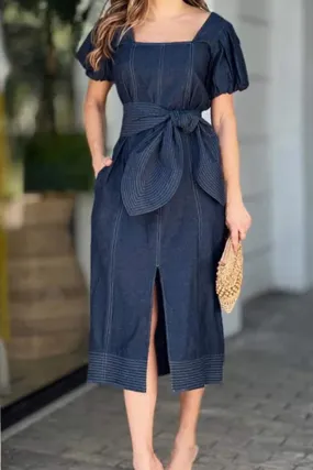 Solid Patchwork Square Collar Short Sleeve Denim Dress