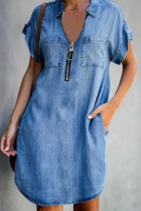 Solid Patchwork Turndown Collar Short Sleeve Denim Dress