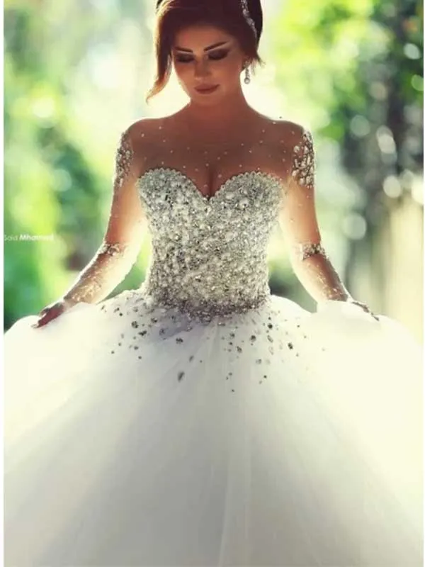 Glittery Sweetheart Wedding Gown with Long Sleeves and Beading, WD0488