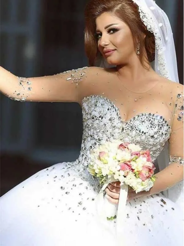 Glittery Sweetheart Wedding Gown with Long Sleeves and Beading, WD0488