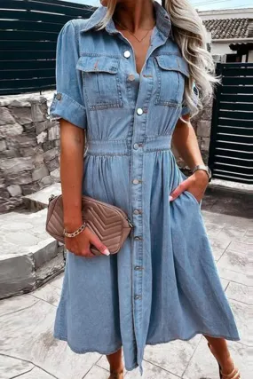 Street Pocket Buckle Turn Collar Denim Dresses