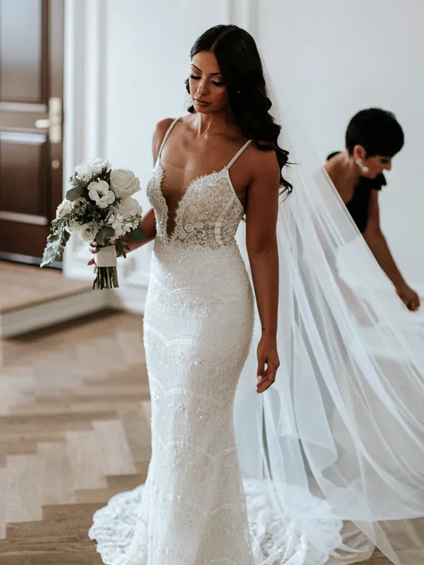 Stunning Lace Shiny Beads Mermaid Wedding Dresses